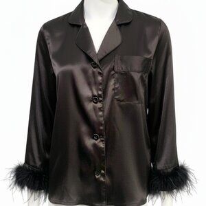 Black Satin Feather Cuff Button-Up Top Size Small